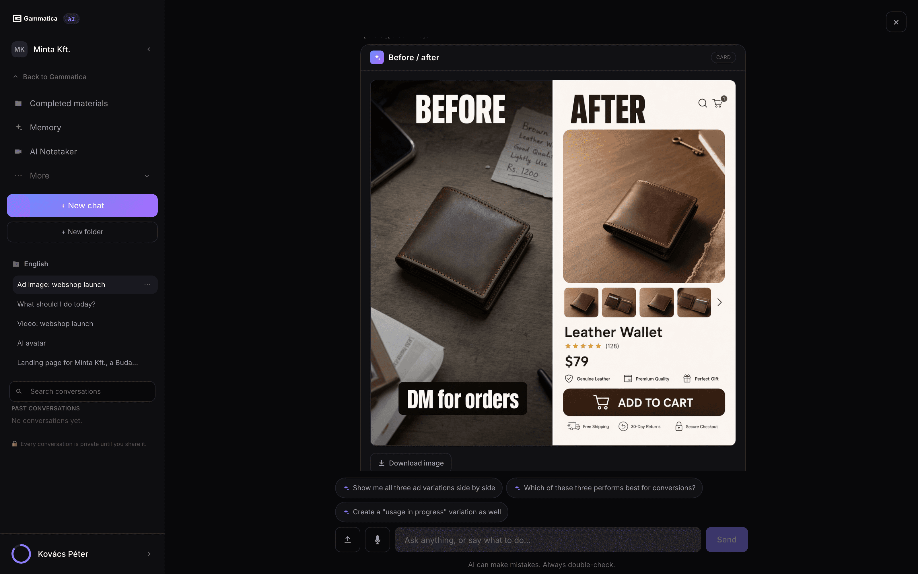 AI ad images of your own product, three at a time.