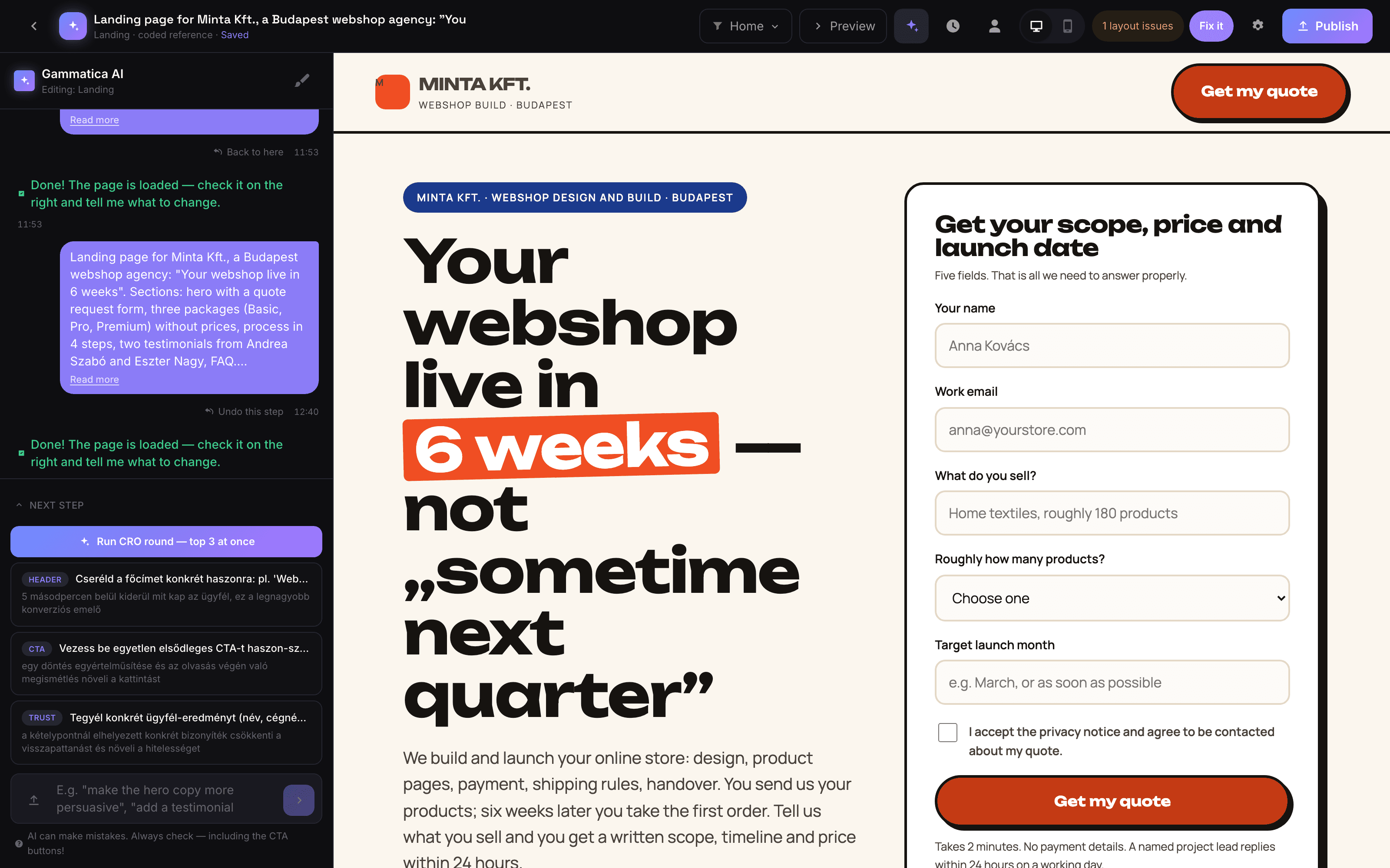 An AI landing page builder that ships in minutes.