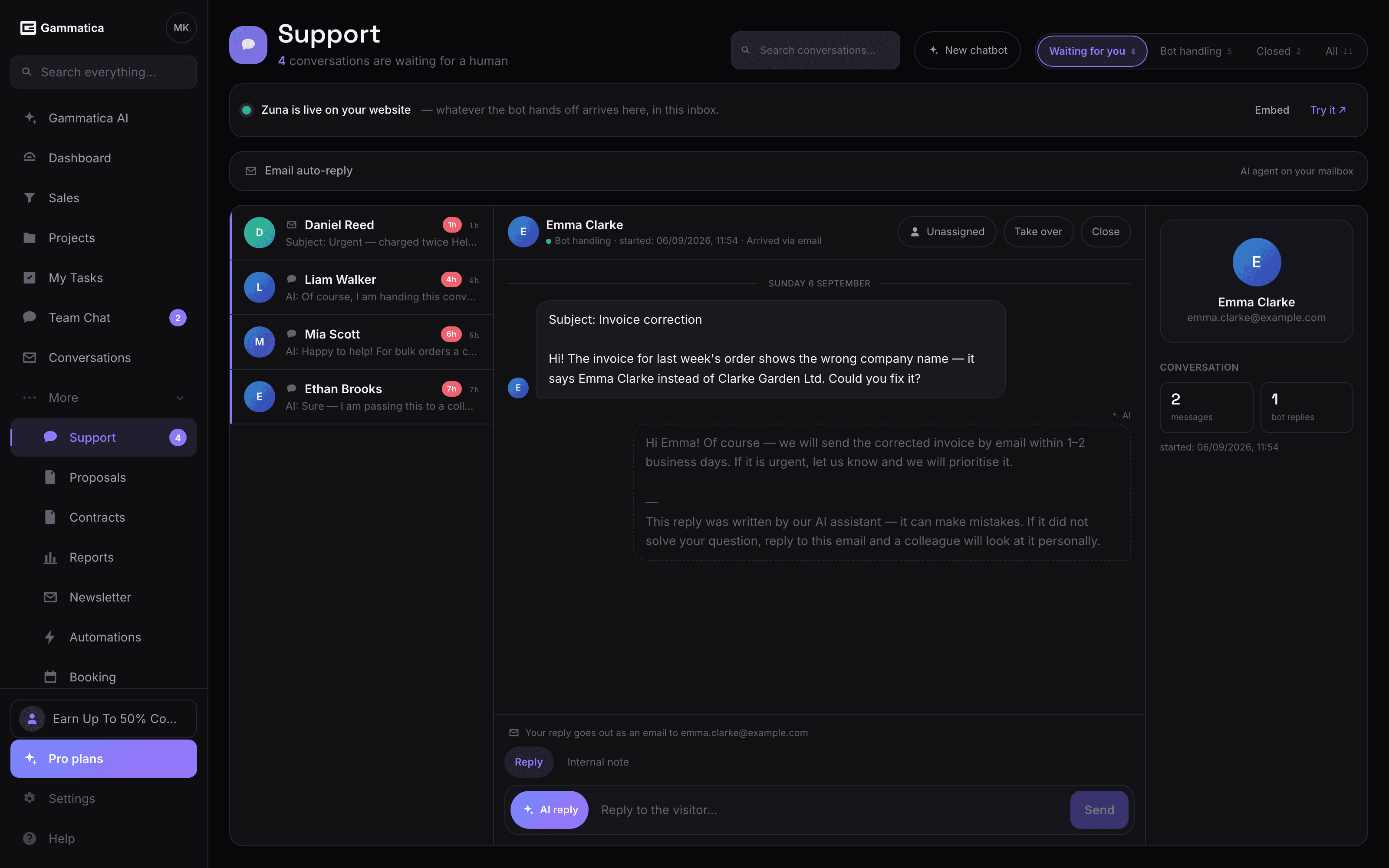 An AI support inbox where you still send the reply.