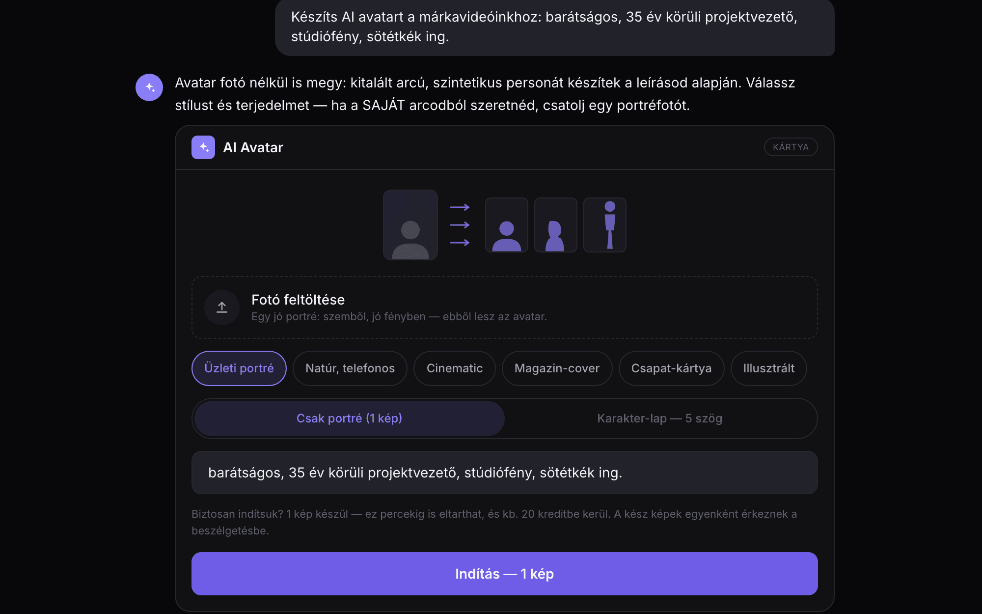 AI avatar egyetlen fényképből, öt nézetben.