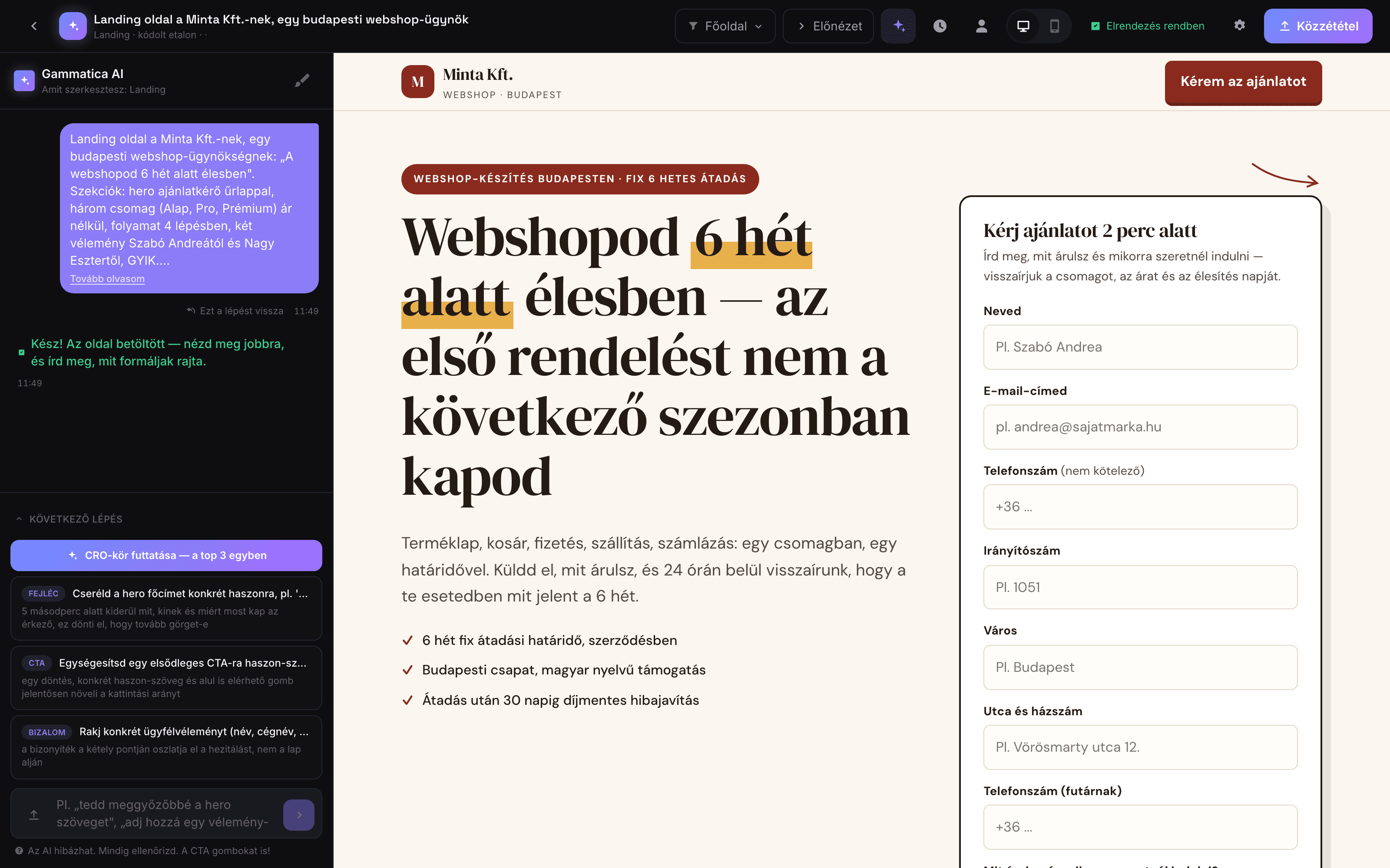 AI landing oldal, egy mondatból.