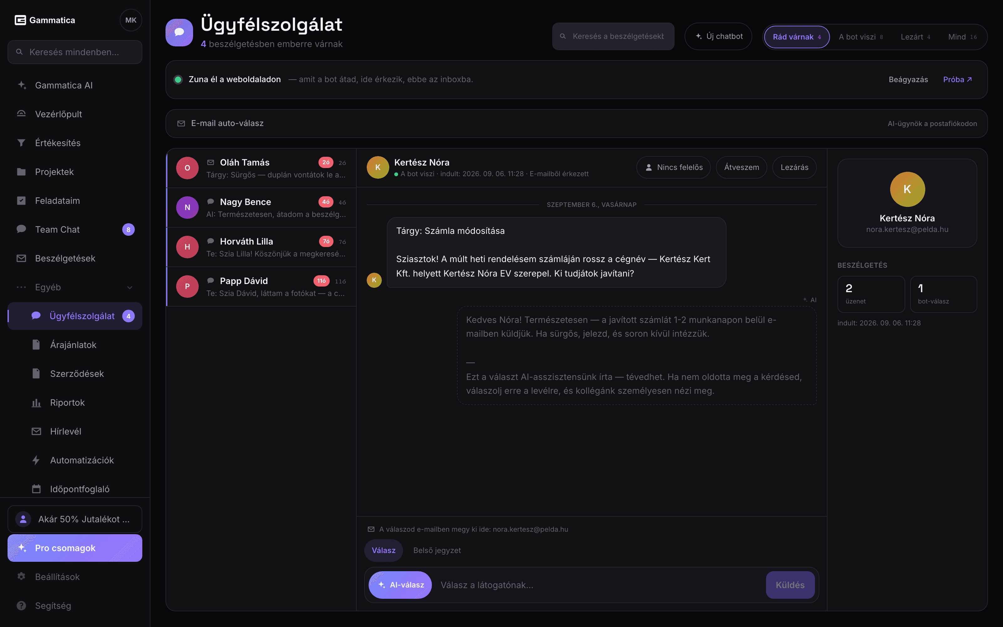 AI ügyfélszolgálat, ahol a választ te küldöd ki.