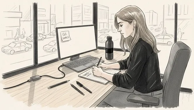 Worker writing weekly goals at shared workspace