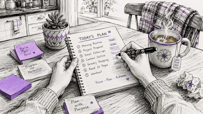 Hands writing daily prioritized task list