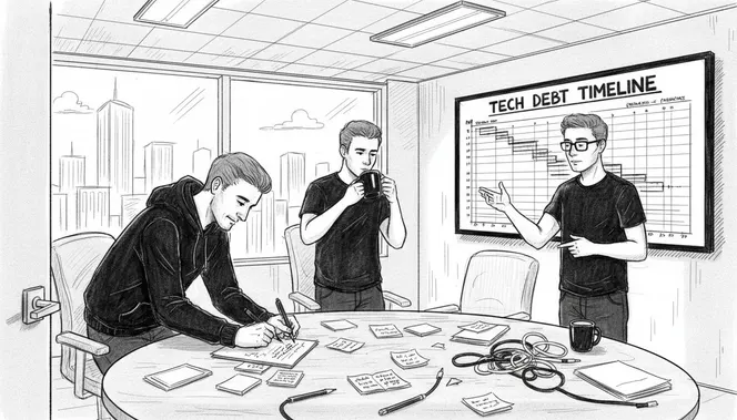 Team reviewing technical debt in meeting room