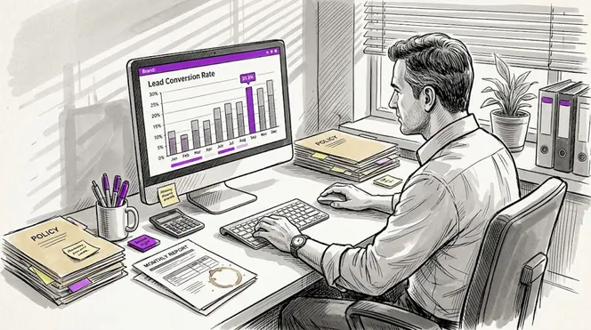 Manager reviews insurance CRM KPIs on monitor
