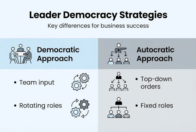 Infographic comparing democratic and autocratic leadership