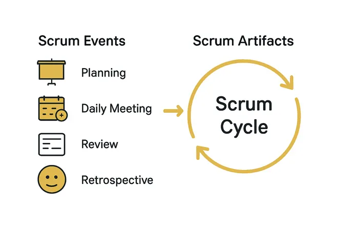 Infographic of Scrum workflow with events, artifacts, and process steps.