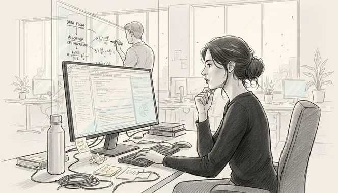 Engineer monitoring machine learning results at desk