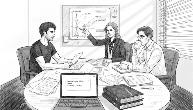 Team discussing project documents in meeting room