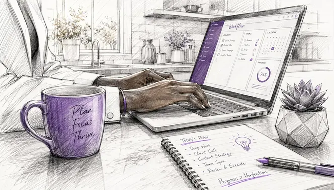 Hands typing on laptop using automation tools