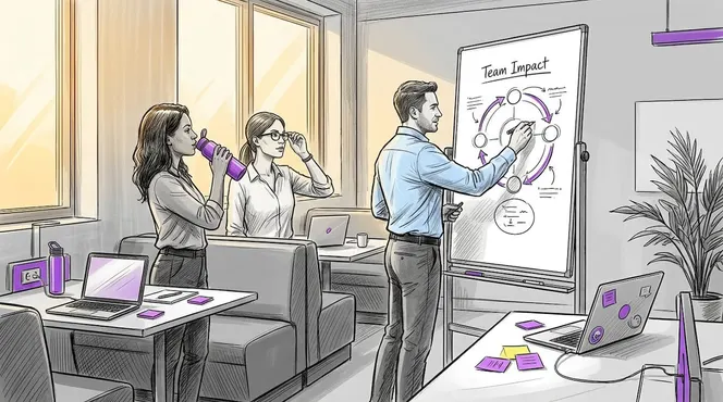 Leader drawing team impact flow at whiteboard