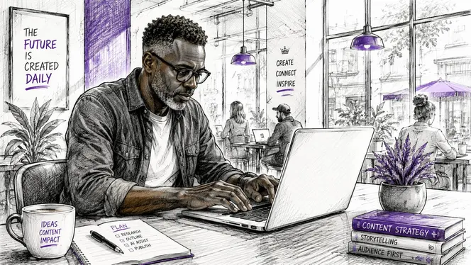 Content marketer at desk using AI tools