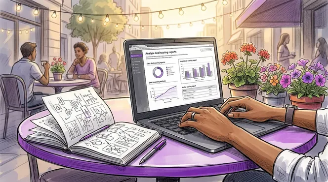 Hands typing deal scoring data on laptop