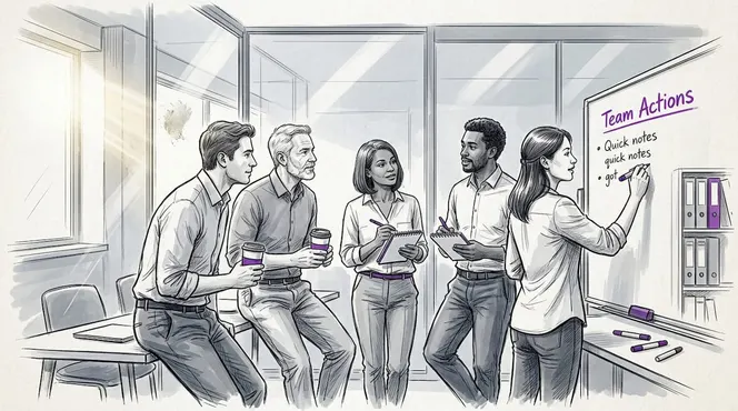 Team collaborating at whiteboard in office