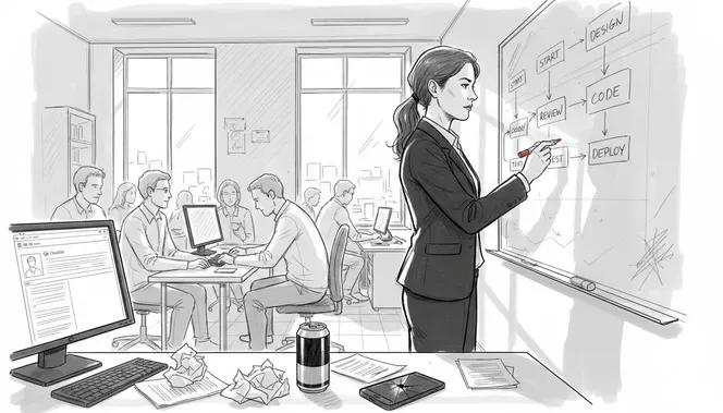 Team member documents workflow on whiteboard