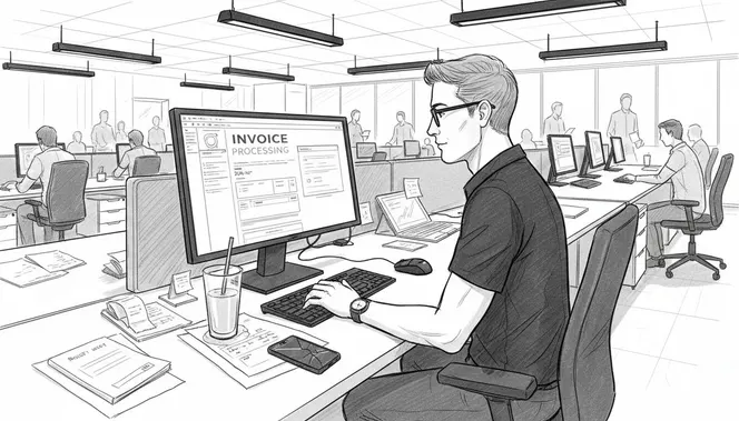 IT manager processing invoices at co-working desk