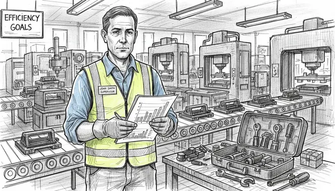 Supervisor checking manufacturing KPIs on factory floor