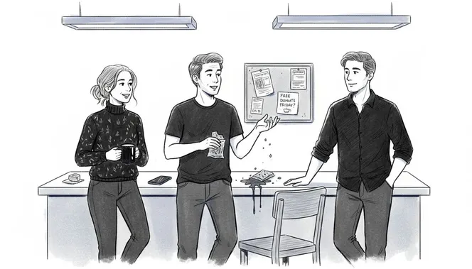 Employees discussing casually in break room