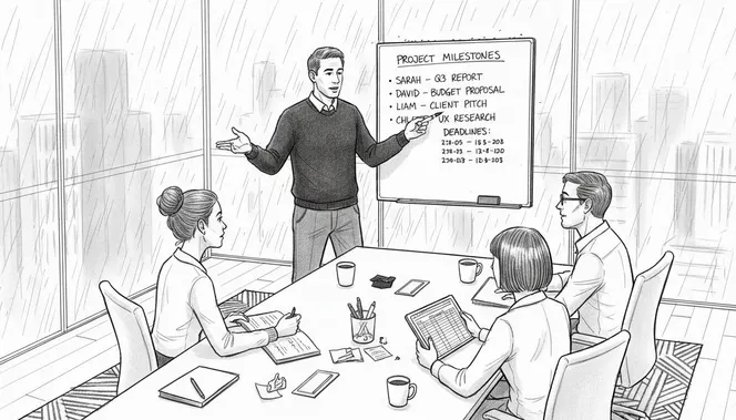 Team assigns tasks using deadline list on whiteboard