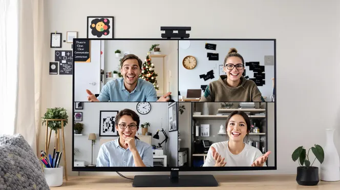 Four remote team members in split-screen video call with 'Clear Communication' poster