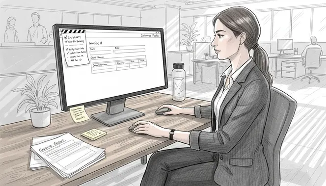 Woman customizing invoice fields at desk