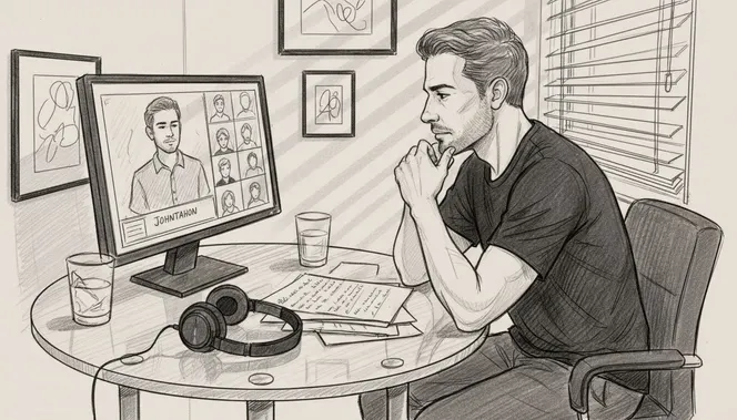 Person attending online meeting at home desk