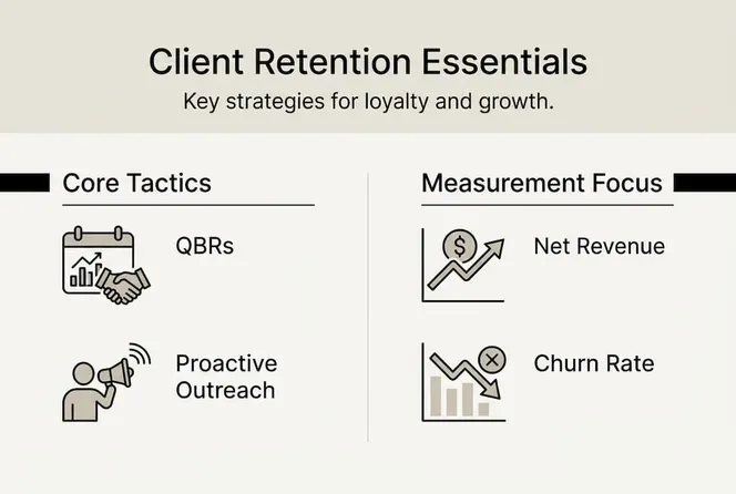 Infographic showing client retention tactics and metrics