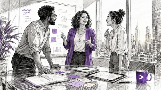 Team collaborating in morning meeting room