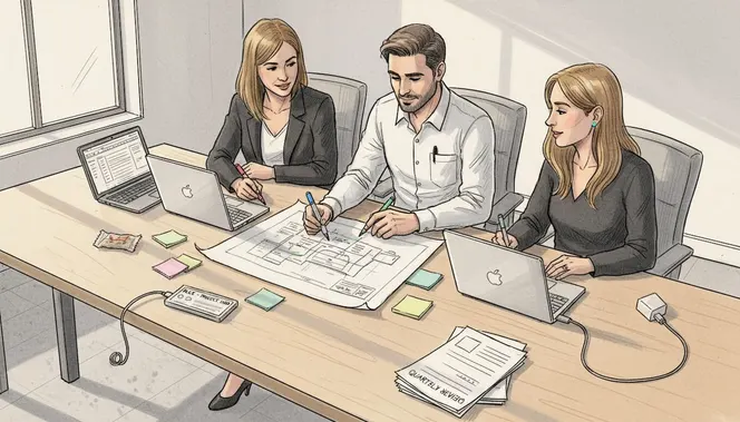Colleagues reviewing project plan at workbench