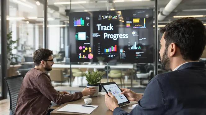 Freelancers collaborating, digital charts and 'Track Progress' visible in coworking space