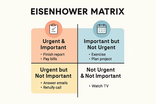 Eisenhower Matrix infographic with four task quadrants and examples.