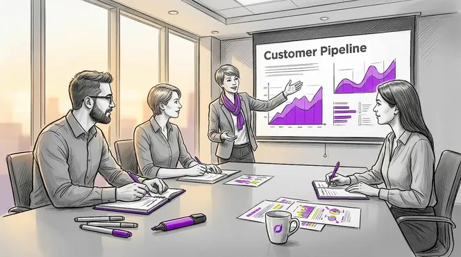 Team discussing CRM dashboard at conference table