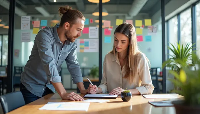 Colleagues review prioritization charts and sticky notes in office