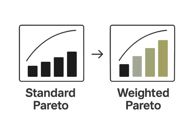Infographic comparing standard and weighted Pareto charts with labels and icons.