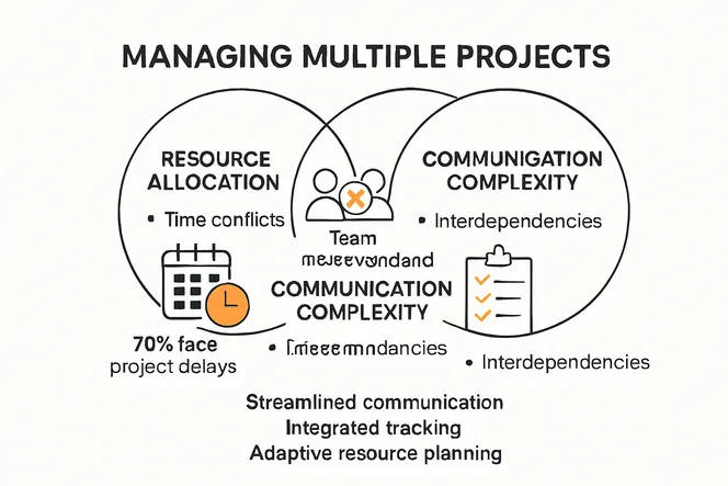 Infographic showing top multi-project management challenges and solutions