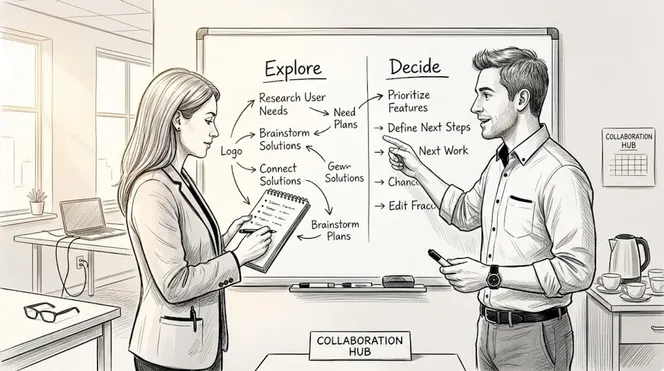 Coworkers at whiteboard exchanging creative ideas
