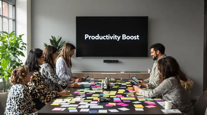 Team organizes tasks in office with productivity boost displayed