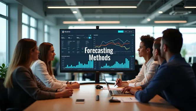 Collaborative team reviews forecasting methods on digital dashboards