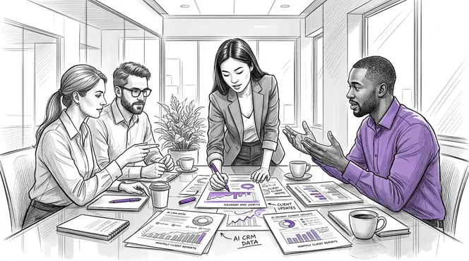 Team collaborating over client reports
