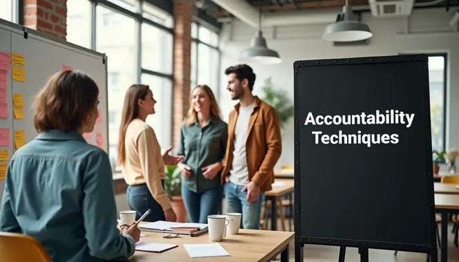 Colleagues using whiteboard, 'Accountability Techniques' office sign nearby