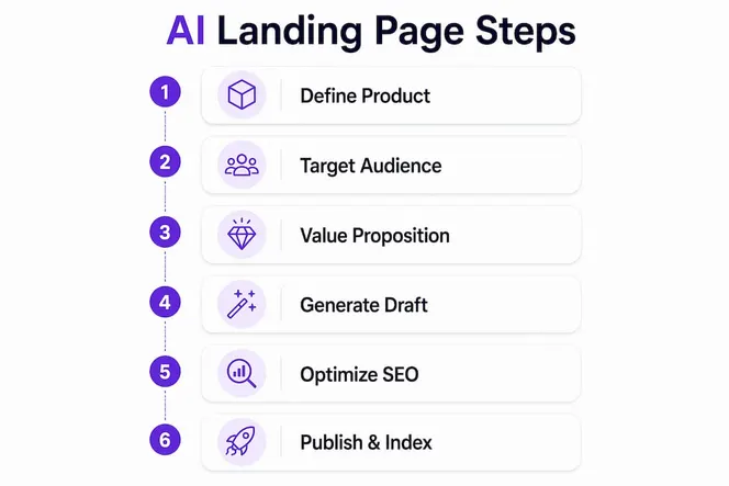 Infographic outlining steps to create AI landing pages