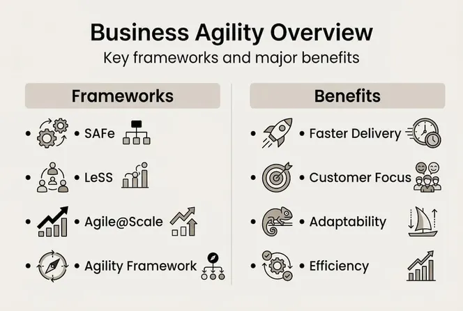 Infographic showing business agility frameworks and benefits