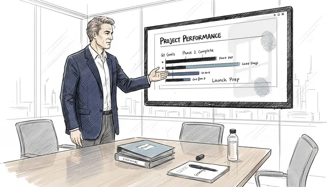 Manager reviewing performance tracking documentation