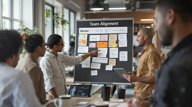 Team collaborates at Kanban board marked with 'Team Alignment' label