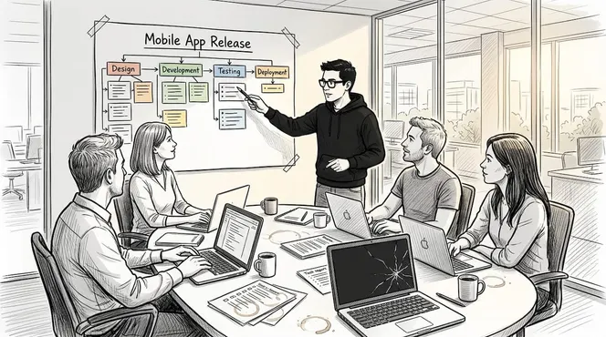 Software team discussing project breakdown chart