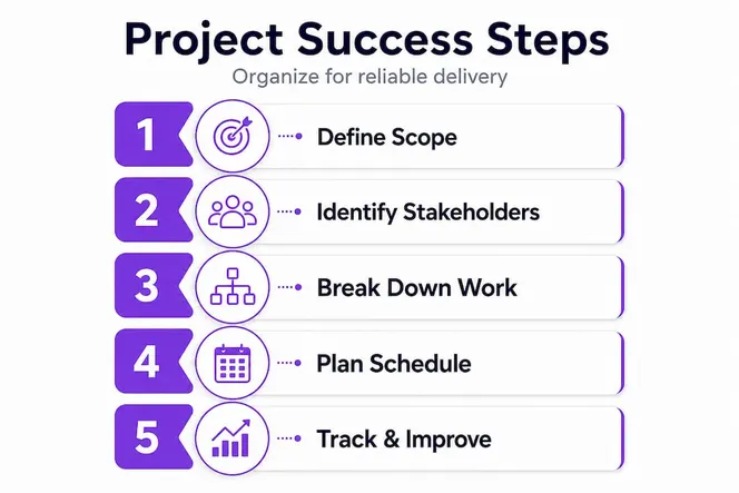 Infographic showing project organization steps vertical flow