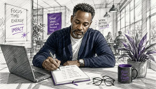 Hands writing time audit notes in notebook