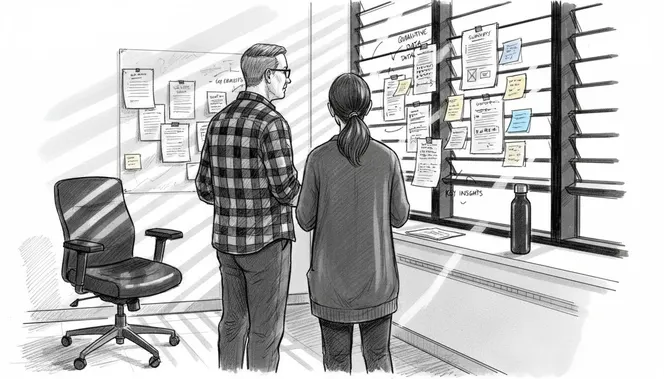 Researchers reviewing survey feedback on whiteboard
