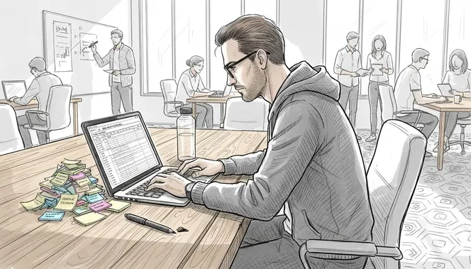 Project manager reviewing status report laptop
